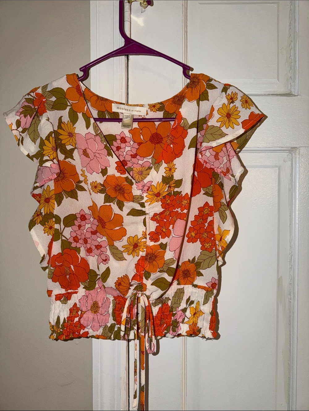 Floral Ruffle-Sleeve Cropped Top in Multi-Color